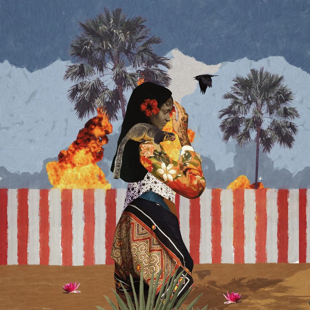 Collage art with palm trees and striped elements